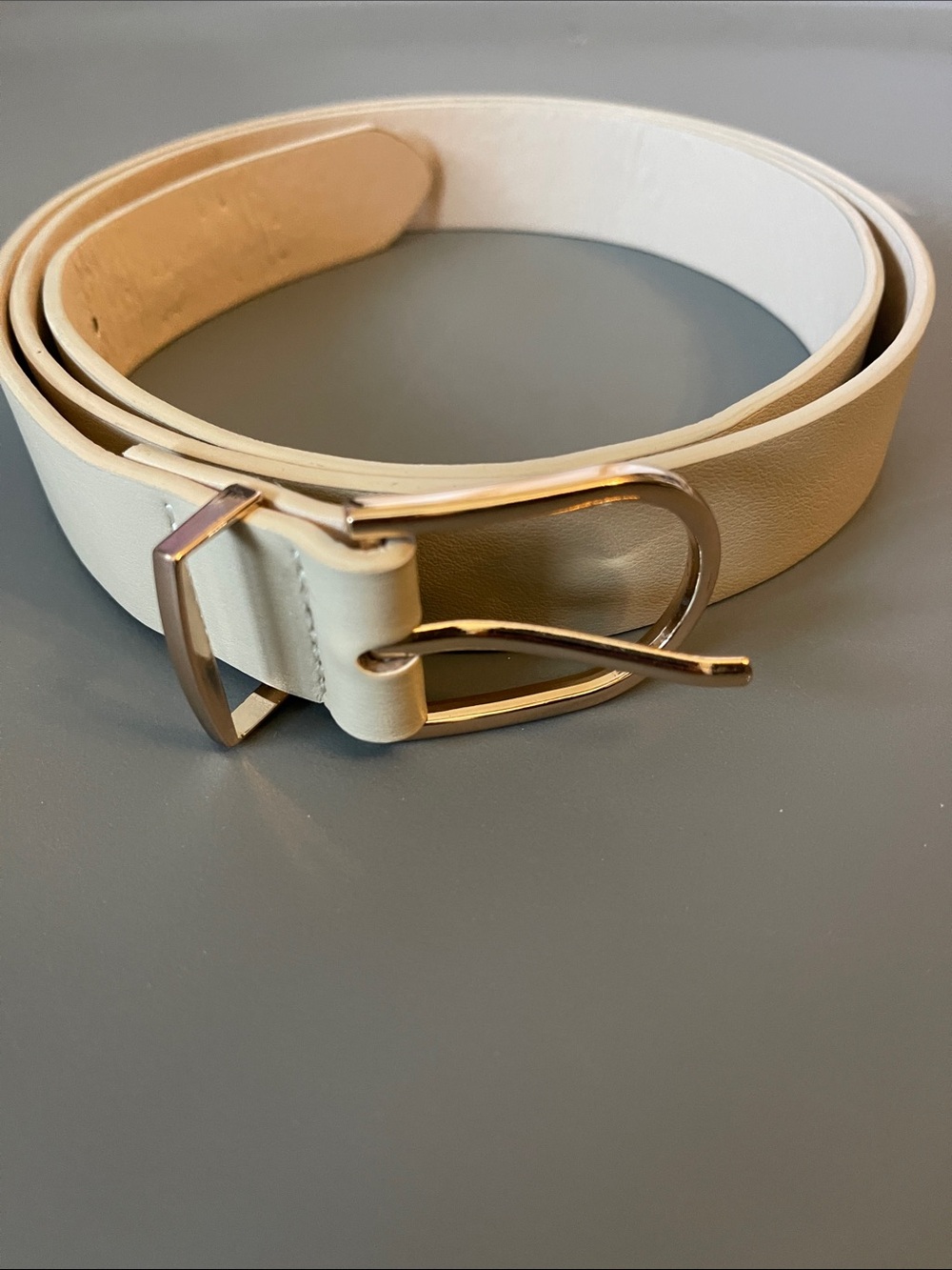 Amazon Women's Cream Leather Like Belt with Gold-Tone Buckle - Plus Size 1X 2X